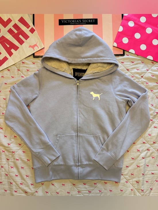 VS PINK VINTAGE Y2K FUR LINED ZIP HOODIE SWEATSHIRT PURPLE 86 BLING LOGO RARE S - Picture 4 of 11